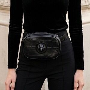 VTG Y2K Versus Versace Black Croc-Embossed Leather Lion Head Belt Bag Fanny Pack